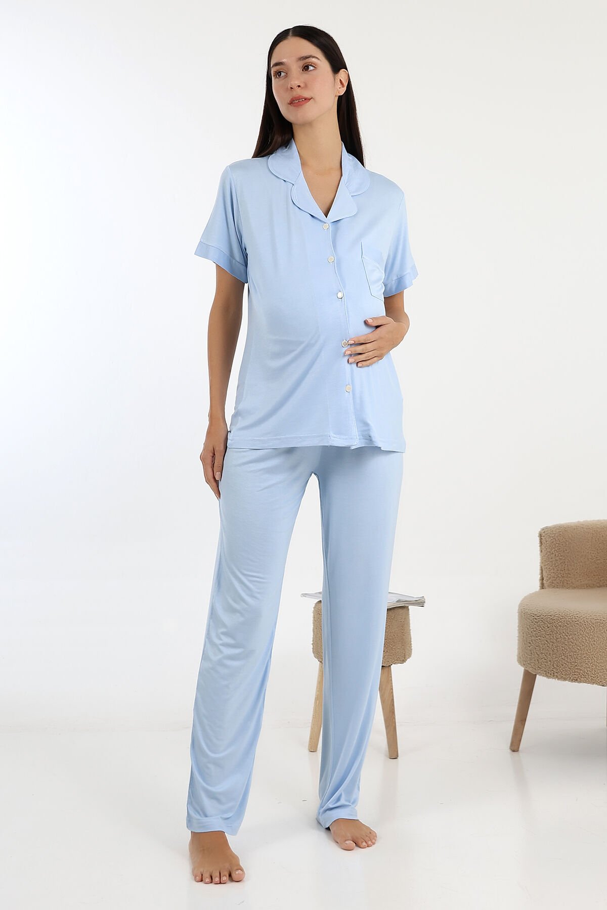 Likapa Önden Düğmeli Hamile Lohusa KISA KOL PİJAMA TAKIMI Mavi - XL