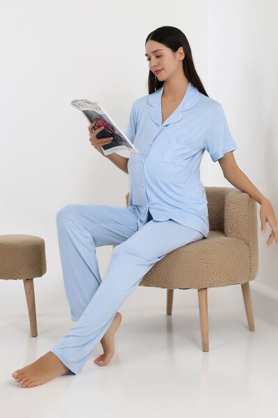 Likapa Önden Düğmeli Hamile Lohusa KISA KOL PİJAMA TAKIMI Mavi - XL