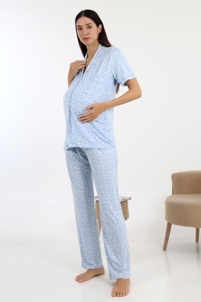 Likapa Önden Düğmeli Hamile Lohusa KISA KOL PİJAMA TAKIMI Mavi - XL