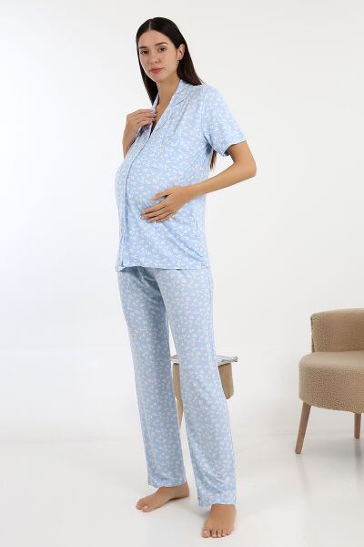Likapa Önden Düğmeli Hamile Lohusa KISA KOL PİJAMA TAKIMI Mavi - XL