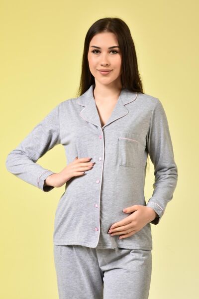 Likapa Penye Önden Düğmeli Hamile Lohusa UZUN KOL PİJAMA TAKIMI GRİ - 3XL