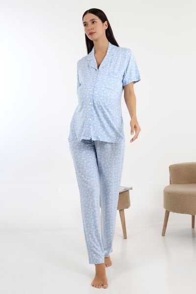 Likapa Önden Düğmeli Hamile Lohusa KISA KOL PİJAMA TAKIMI Mavi - 2XL