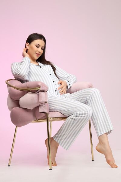 Likapa Penye Önden Düğmeli Hamile Lohusa UZUN KOL PİJAMA TAKIMI Laciv-Pembe - M