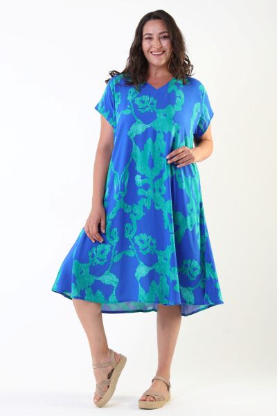 Likapa Yazlık Büyük Beden Viskon  V Yaka Kısa Kol Elbise 2688 MAVİ ŞAL - S