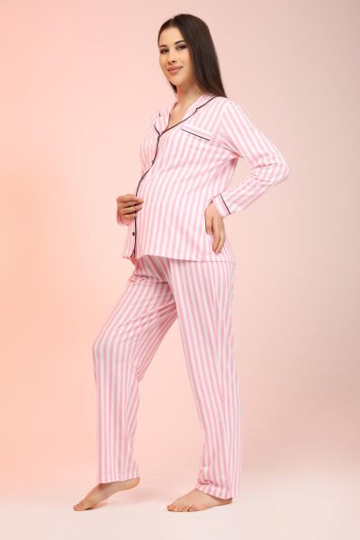 Likapa Penye Önden Düğmeli Hamile Lohusa UZUN KOL PİJAMA TAKIMI PEMBE ÇİZGİLİ - S