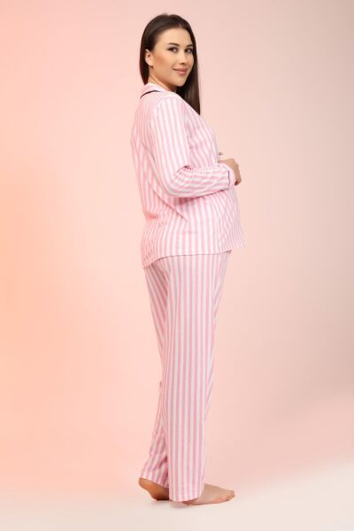 Likapa Penye Önden Düğmeli Hamile Lohusa UZUN KOL PİJAMA TAKIMI PEMBE ÇİZGİLİ - S