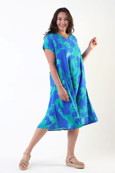 Likapa Yazlık Büyük Beden Viskon  V Yaka Kısa Kol Elbise 2688 MAVİ ŞAL - M