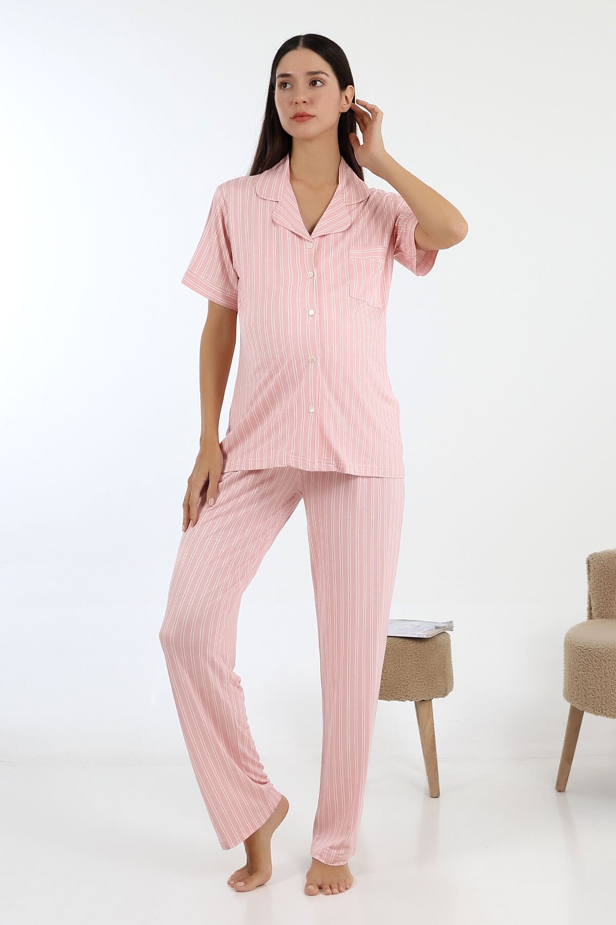 Likapa Önden Düğmeli Hamile Lohusa KISA KOL PİJAMA TAKIMI PEMBE ÇİZGİLİ - XL