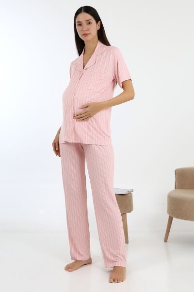 Likapa Önden Düğmeli Hamile Lohusa KISA KOL PİJAMA TAKIMI PEMBE ÇİZGİLİ - 2XL