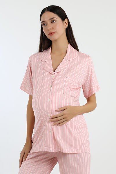 Likapa Önden Düğmeli Hamile Lohusa KISA KOL PİJAMA TAKIMI PEMBE ÇİZGİLİ - 2XL
