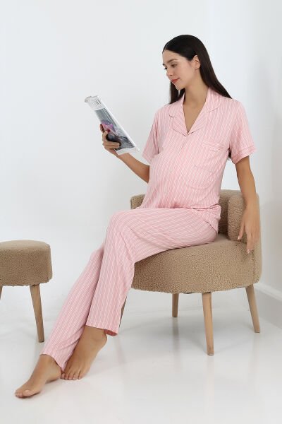 Likapa Önden Düğmeli Hamile Lohusa KISA KOL PİJAMA TAKIMI PEMBE ÇİZGİLİ - 2XL