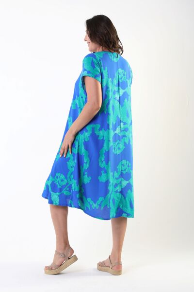 Likapa Yazlık Büyük Beden Viskon  V Yaka Kısa Kol Elbise 2688 MAVİ ŞAL - XL