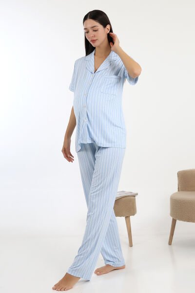 Likapa Önden Düğmeli Hamile Lohusa KISA KOL PİJAMA TAKIMI Mavi Çizgili - M