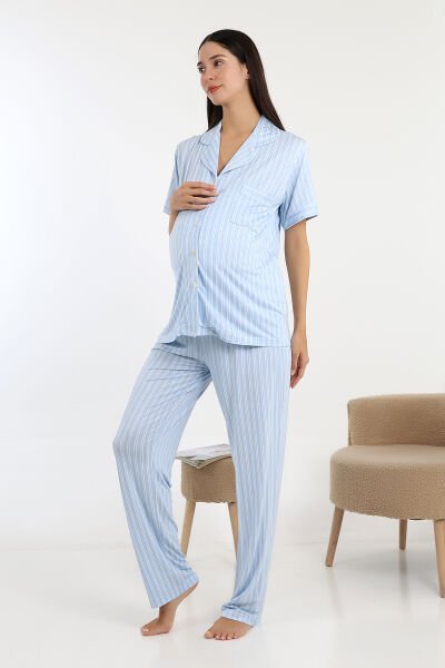 Likapa Önden Düğmeli Hamile Lohusa KISA KOL PİJAMA TAKIMI Mavi Çizgili - L