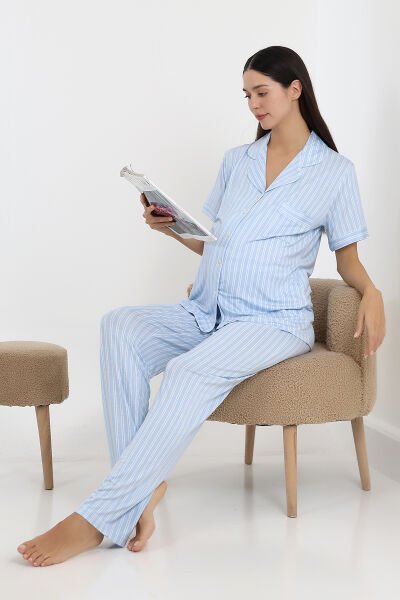 Likapa Önden Düğmeli Hamile Lohusa KISA KOL PİJAMA TAKIMI Mavi Çizgili - L
