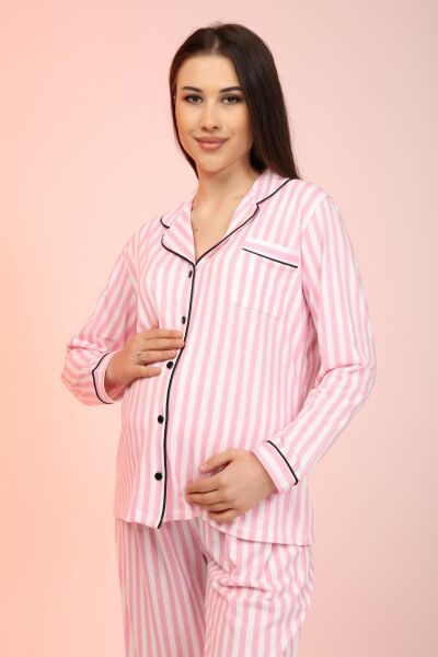 Likapa Penye Önden Düğmeli Hamile Lohusa UZUN KOL PİJAMA TAKIMI PEMBE ÇİZGİLİ - 2XL