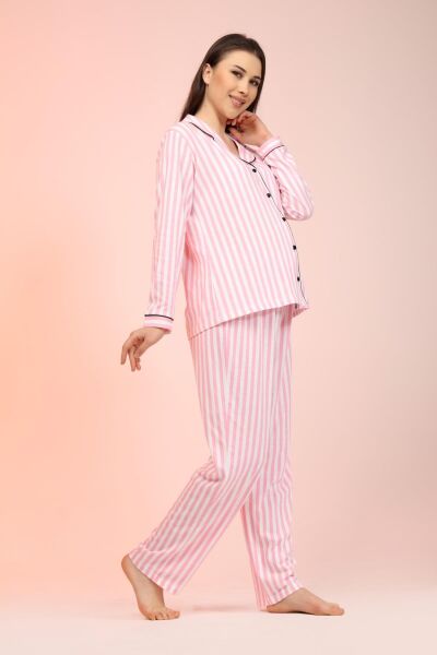 Likapa Penye Önden Düğmeli Hamile Lohusa UZUN KOL PİJAMA TAKIMI PEMBE ÇİZGİLİ - 2XL