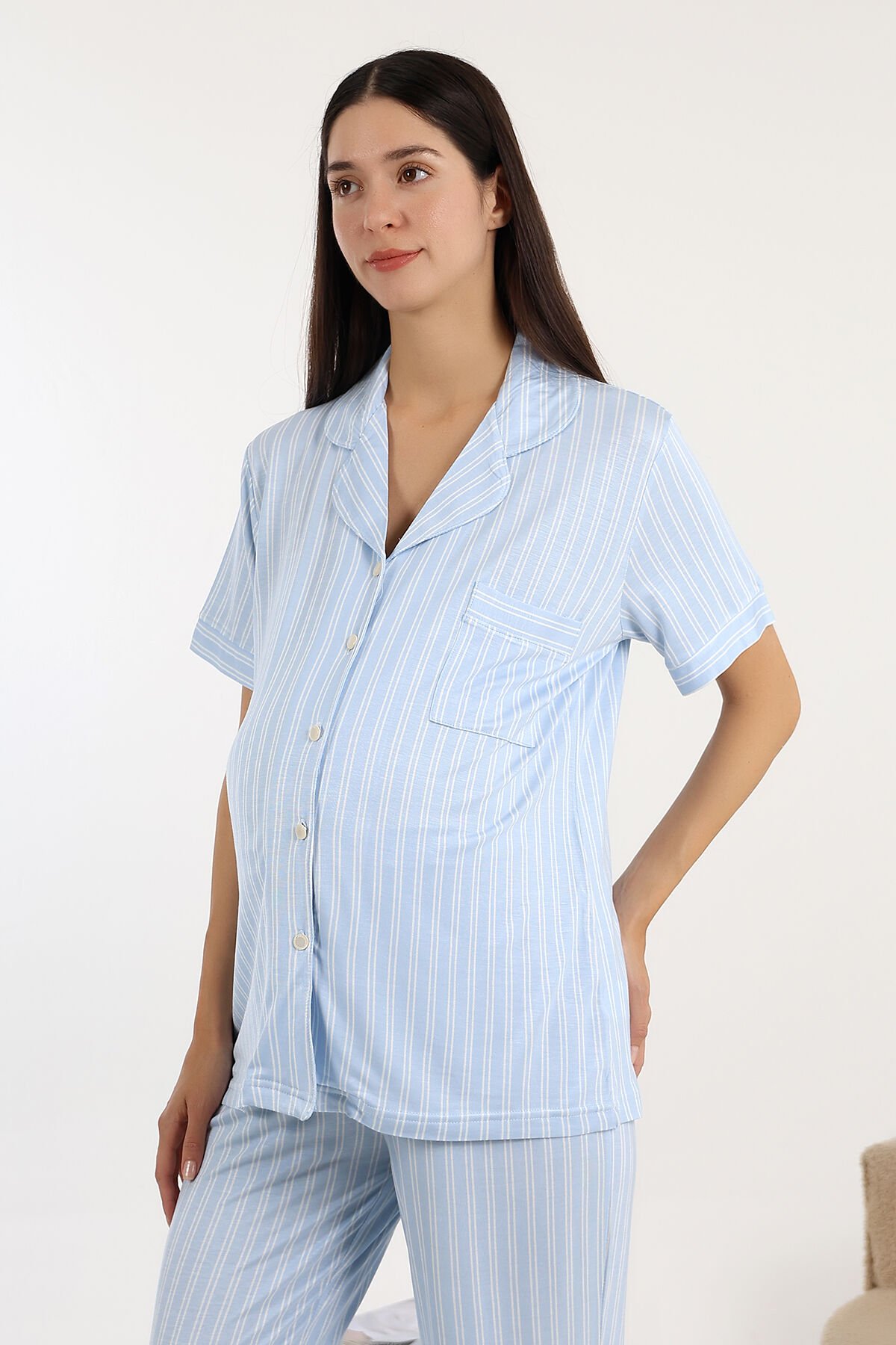 Likapa Önden Düğmeli Hamile Lohusa KISA KOL PİJAMA TAKIMI Mavi Çizgili - XL