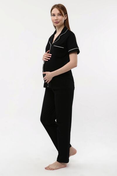 Likapa Penye Önden Düğmeli Hamile Lohusa KISA KOL PİJAMA TAKIMI ,%100 Cotton SİYAH - 2XL