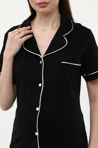 Likapa Penye Önden Düğmeli Hamile Lohusa KISA KOL PİJAMA TAKIMI ,%100 Cotton SİYAH - 2XL