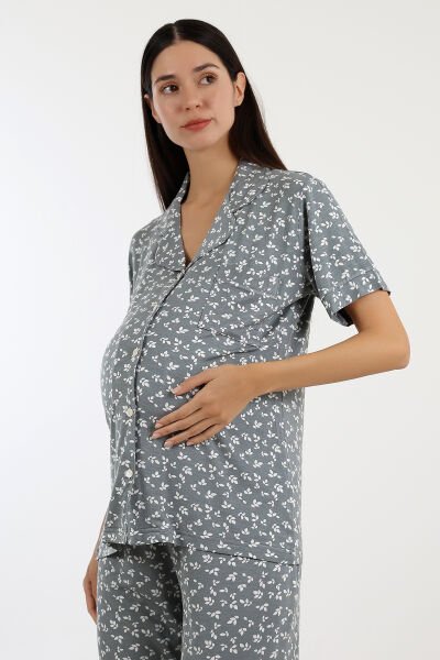 Likapa Önden Düğmeli Hamile Lohusa KISA KOL PİJAMA TAKIMI GRİ - XL