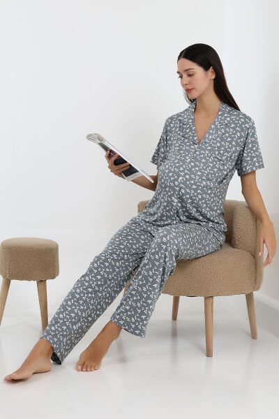 Likapa Önden Düğmeli Hamile Lohusa KISA KOL PİJAMA TAKIMI GRİ - XL