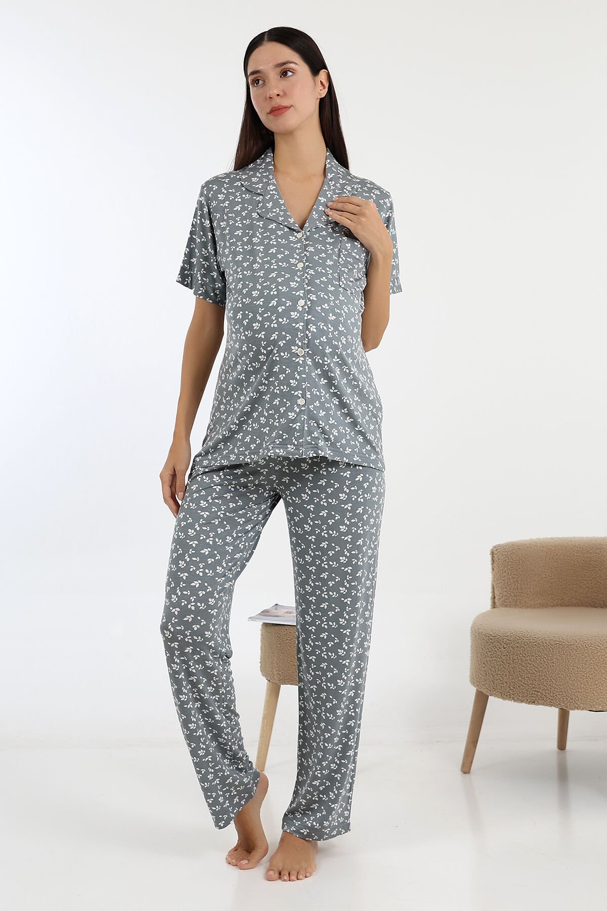 Likapa Önden Düğmeli Hamile Lohusa KISA KOL PİJAMA TAKIMI GRİ - 2XL