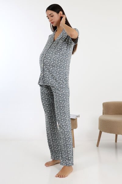 Likapa Önden Düğmeli Hamile Lohusa KISA KOL PİJAMA TAKIMI GRİ - 2XL