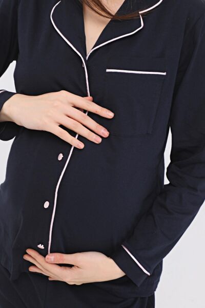 Likapa Penye Önden Düğmeli Hamile Lohusa UZUN KOL PİJAMA TAKIMI Laciv-Pembe - M