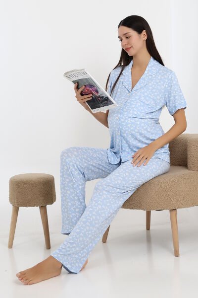 Likapa Önden Düğmeli Hamile Lohusa KISA KOL PİJAMA TAKIMI MAVİ ÇİÇEK - XL