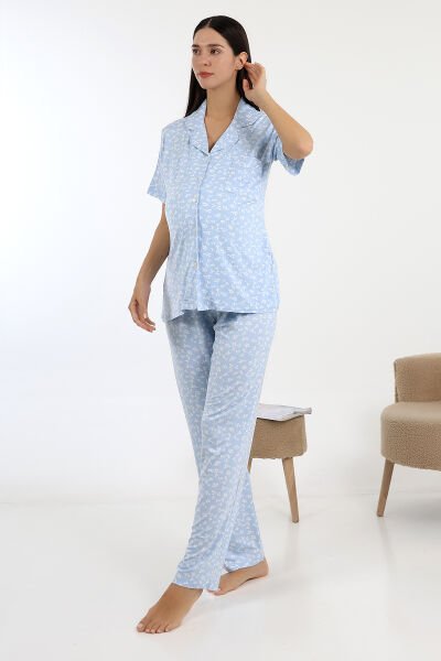 Likapa Önden Düğmeli Hamile Lohusa KISA KOL PİJAMA TAKIMI MAVİ ÇİÇEK - XL