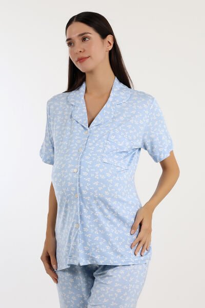 Likapa Önden Düğmeli Hamile Lohusa KISA KOL PİJAMA TAKIMI MAVİ ÇİÇEK - XL
