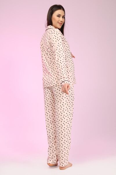 Likapa Penye Önden Düğmeli Hamile Lohusa UZUN KOL PİJAMA TAKIMI SOMON KALPLİ - M
