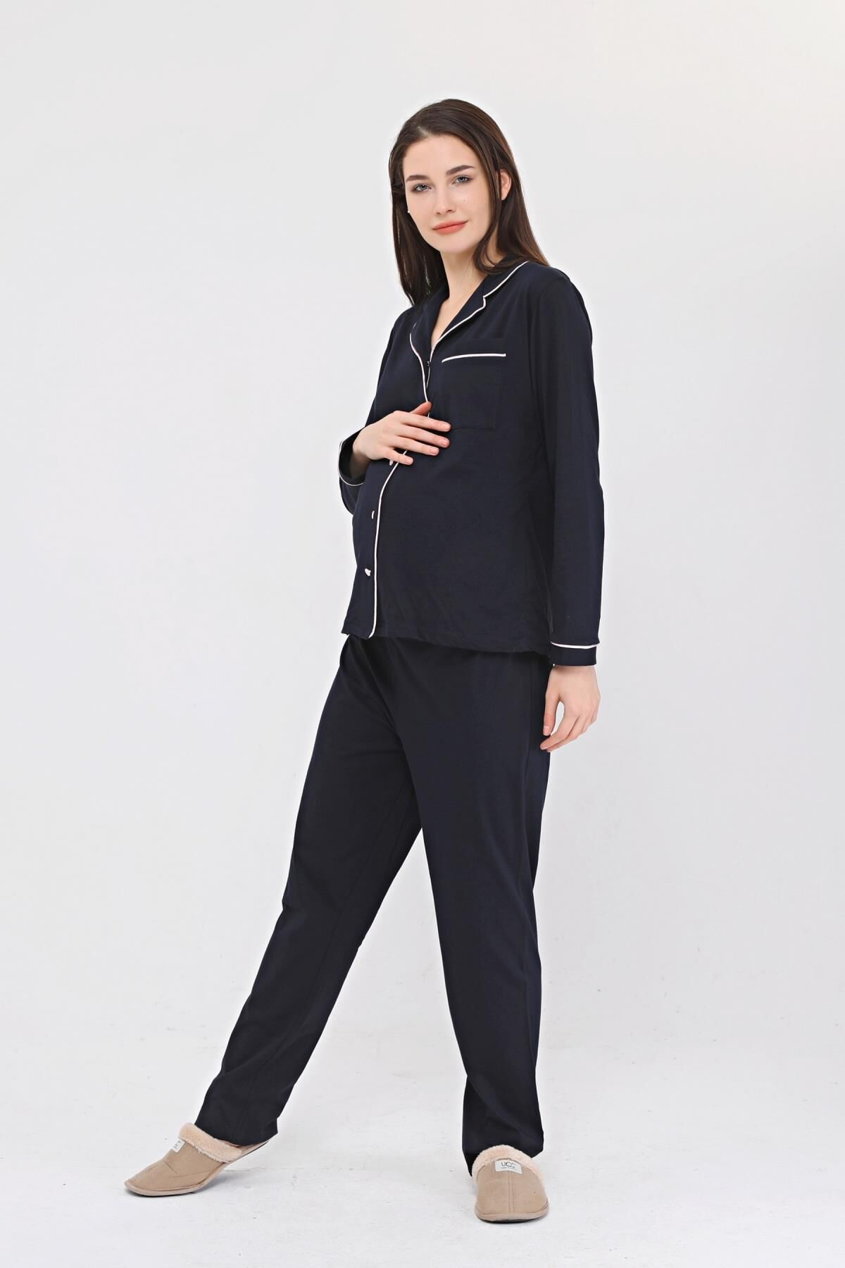 Likapa Penye Önden Düğmeli Hamile Lohusa UZUN KOL PİJAMA TAKIMI Laciv-Pembe - L