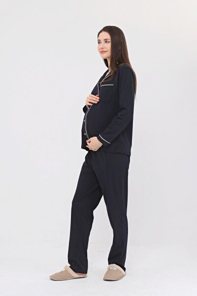 Likapa Penye Önden Düğmeli Hamile Lohusa UZUN KOL PİJAMA TAKIMI Laciv-Pembe - L