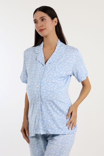Likapa Önden Düğmeli Hamile Lohusa KISA KOL PİJAMA TAKIMI MAVİ ÇİÇEK - 2XL