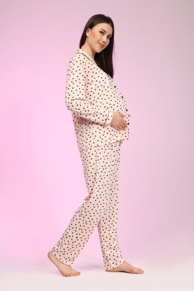 Likapa Penye Önden Düğmeli Hamile Lohusa UZUN KOL PİJAMA TAKIMI SOMON KALPLİ - L