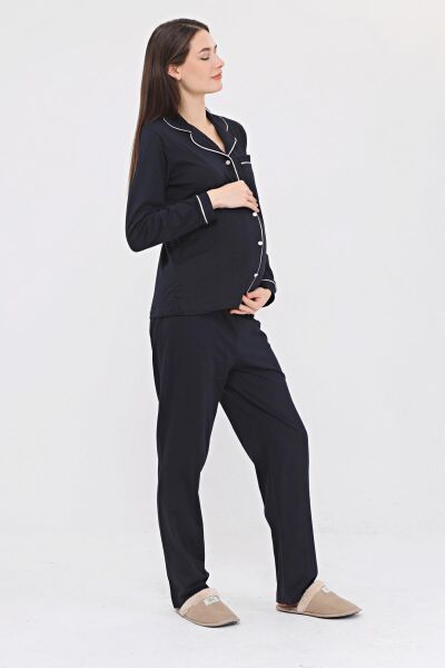 Likapa Penye Önden Düğmeli Hamile Lohusa UZUN KOL PİJAMA TAKIMI Laciv-Pembe - XL