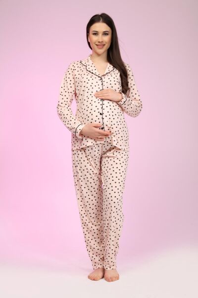 Likapa Penye Önden Düğmeli Hamile Lohusa UZUN KOL PİJAMA TAKIMI SOMON KALPLİ - 2XL