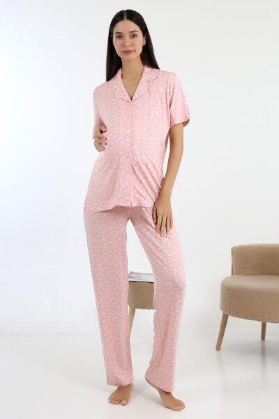 Likapa Önden Düğmeli Hamile Lohusa KISA KOL PİJAMA TAKIMI PEMBE ÇİÇEK - XL