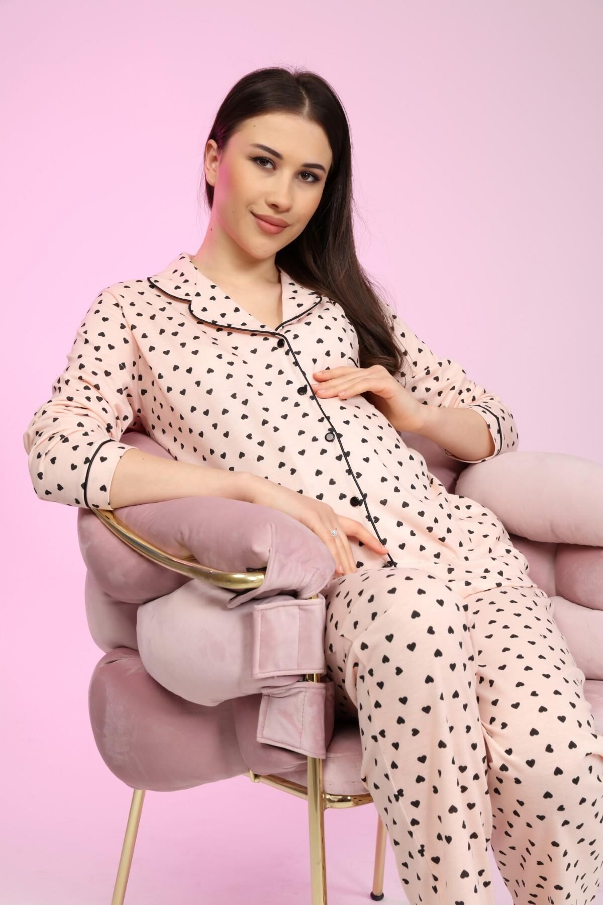 Likapa Penye Önden Düğmeli Hamile Lohusa UZUN KOL PİJAMA TAKIMI SOMON KALPLİ - 3XL
