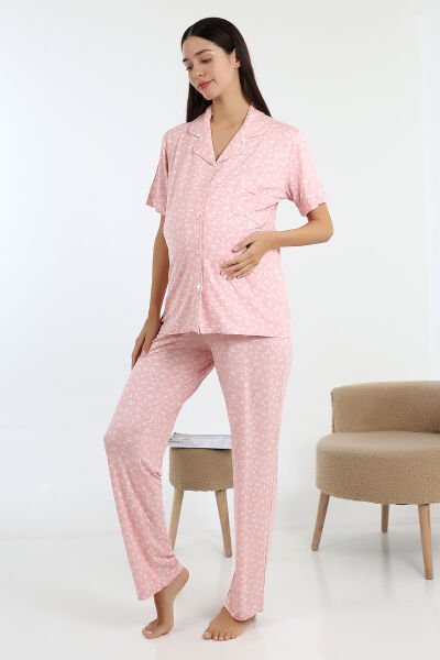 Likapa Önden Düğmeli Hamile Lohusa KISA KOL PİJAMA TAKIMI PEMBE ÇİÇEK - 2XL