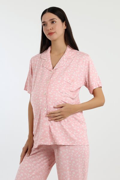 Likapa Önden Düğmeli Hamile Lohusa KISA KOL PİJAMA TAKIMI PEMBE ÇİÇEK - 2XL