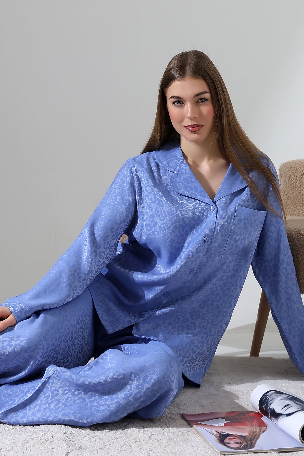 LİKAPASHOP VİSKON JAKARLI UZUN KOL PİJAMA TAKIMI Mavi - M