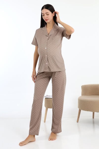 Likapa Önden Düğmeli Hamile Lohusa KISA KOL PİJAMA TAKIMI kahve pembe puanlı - M