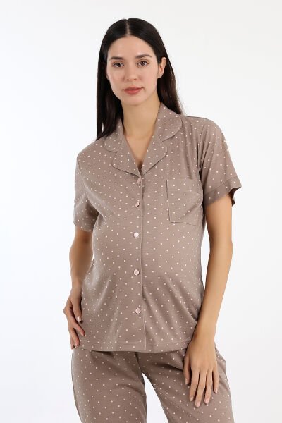 Likapa Önden Düğmeli Hamile Lohusa KISA KOL PİJAMA TAKIMI kahve pembe puanlı - M