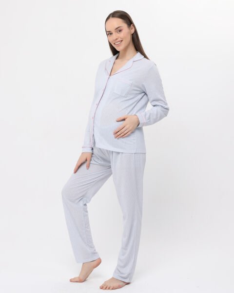 Likapa Penye Önden Düğmeli Hamile Lohusa UZUN KOL PİJAMA TAKIMI Mavi - M