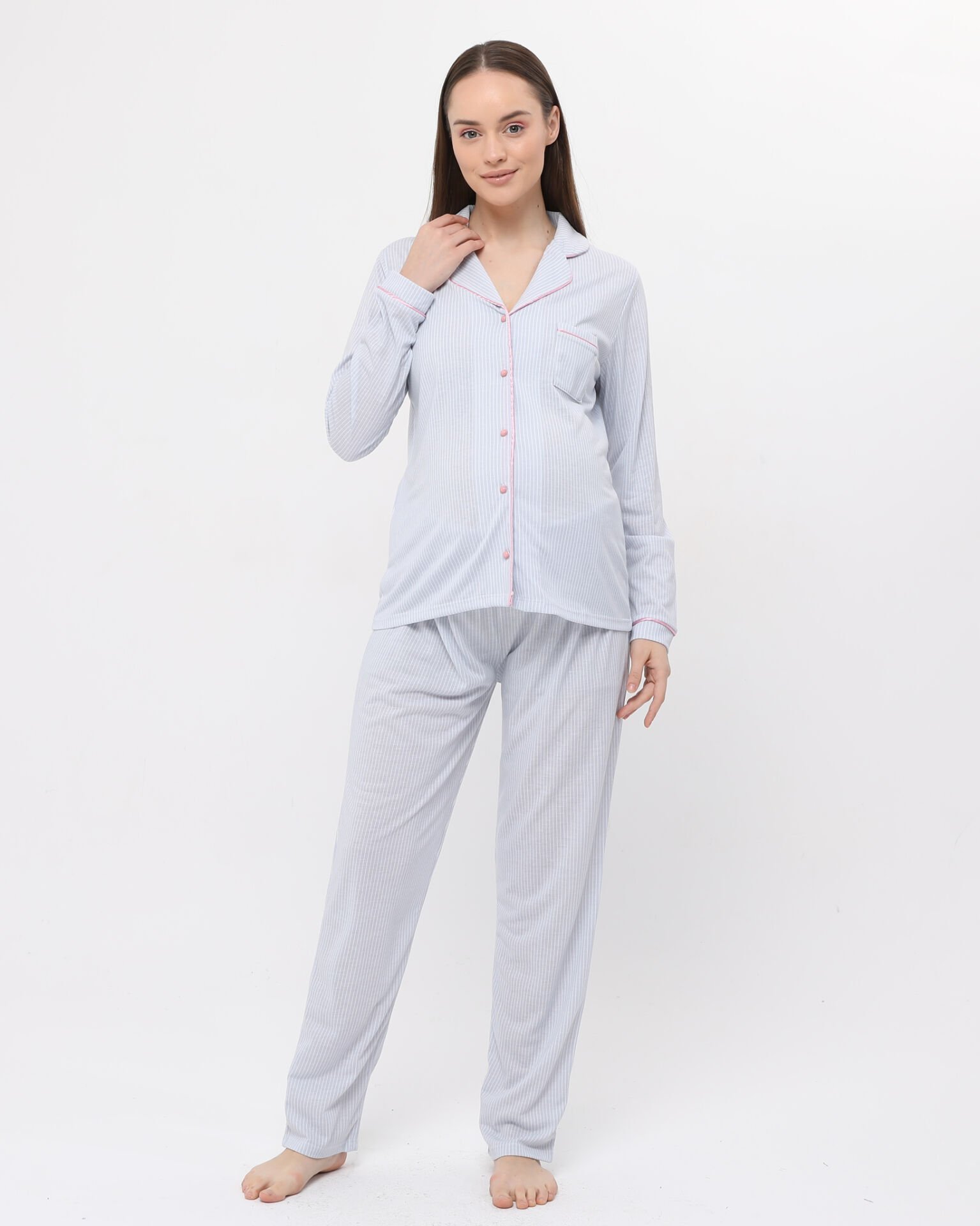 Likapa Penye Önden Düğmeli Hamile Lohusa UZUN KOL PİJAMA TAKIMI Mavi - L