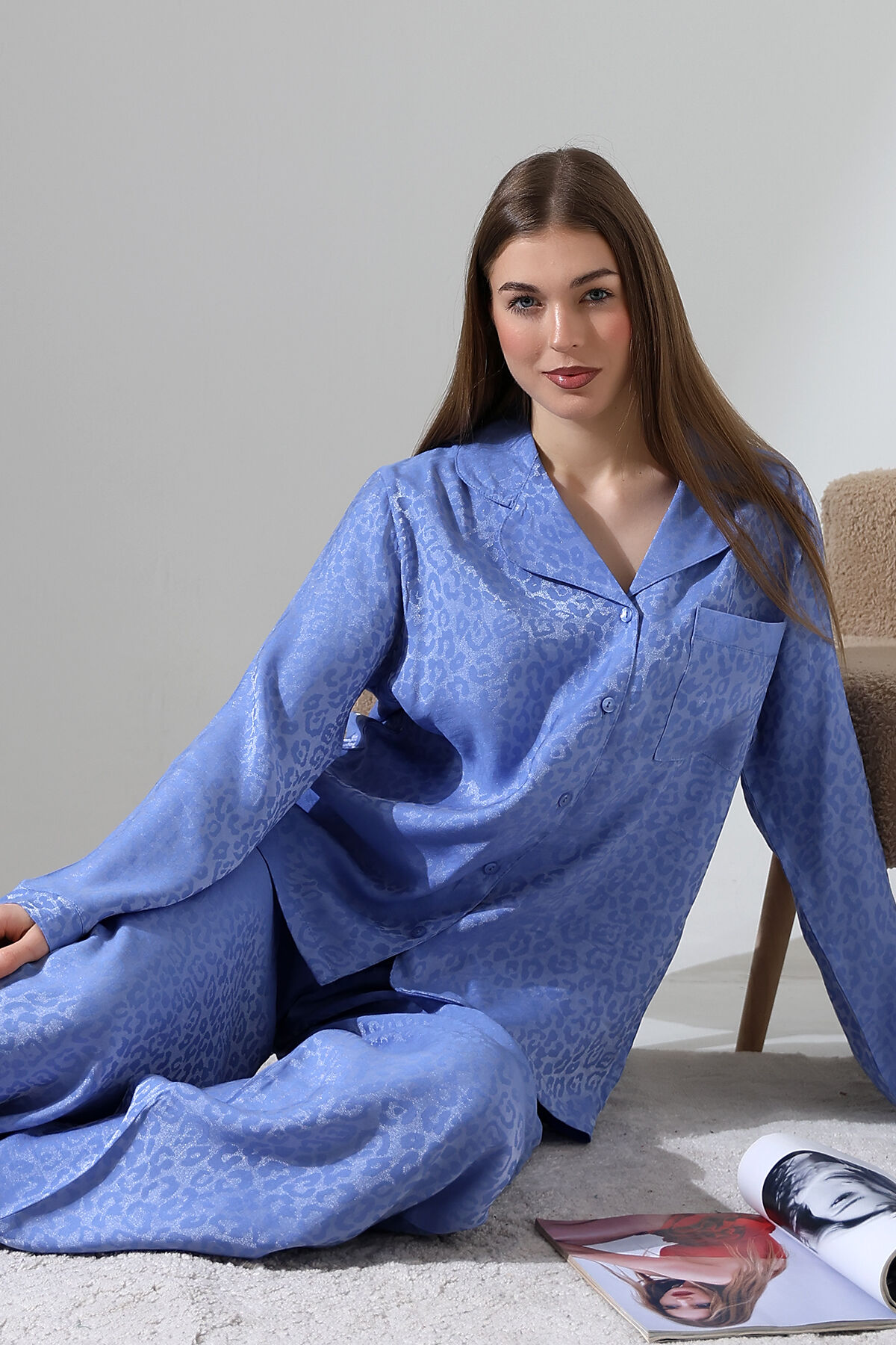 LİKAPASHOP VİSKON JAKARLI UZUN KOL PİJAMA TAKIMI Mavi - 2XL