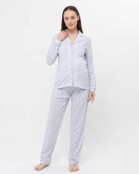 Likapa Penye Önden Düğmeli Hamile Lohusa UZUN KOL PİJAMA TAKIMI Mavi - XL